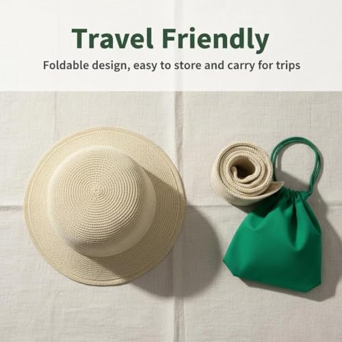 Women Straw Hat Beach Sun Cap Foldable Paper Knitted for Travel Summer Vacation Soft Lightweight Breathable - color: Beige