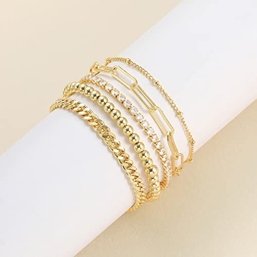 DEARMAY Sterling Silver Plated Bracelets Set for Women Waterproof, Non Tarnish Sterling Silver Link Chain Bracelets Pack Dainty, Fashion Jewelry Gifts for Everyday Comfortable - color: 5Pcs 14K Gold Plated Bracelets C