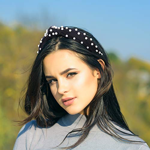 WILLBOND 3 Pieces Pearls Headband Knotted Headband for Women Velvet Pearls Hairband for Woman Hair Accessories - color: Black, Gold, Beige