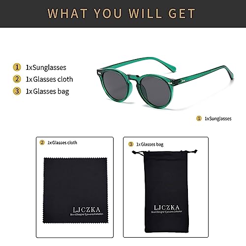 LJCZKA Round Polarized Sunglasses for Men Women Retro Small Face Sunglasses Polarized Vintage Sun Glasses UV400 Protection - color: Green Grey