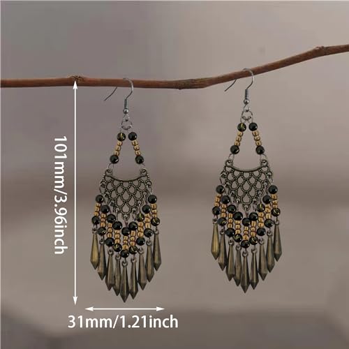Handmade Vintage Bronze Bohemian Long Tassel Colorful Bead Dangle Drop Earrings Big Tribal Chandelier Geometry Hook Earrings for Women Statement Jewelry Gifts - color: Black