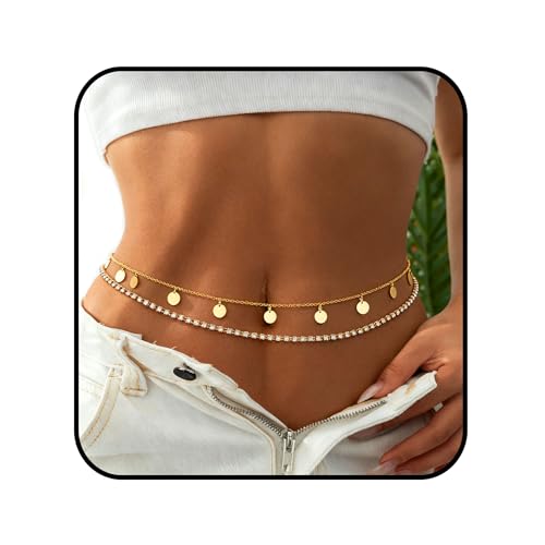 Body Chain Gold Waist Chains for Women Belly Layered Beach Waist Chains Adjustable Sexy Bikini Boho Chain - style: sequins round