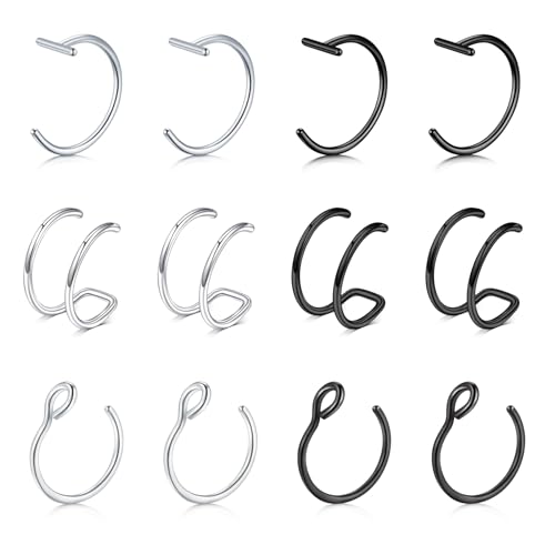 Briana Williams Fake Lip Piercing Fake Lip Ring Fake Nose Ring Fake Nose Piercing Faux Lip Rings Fake Snake Bite Piercing Clip on Non Piercing Double Cartilage Helix Earrings Ear Cuff for Women Men - color: B -12pcs