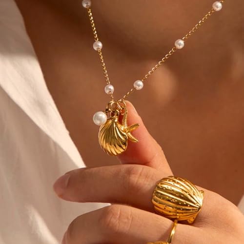 Ewrkbr Gold Necklace for Women,14K Gold Plated Shell Starfish Beach Necklaces Cute Boho Pendant Necklace Fashion Summer Waterproof Pearl Jewelry for Women - color: NK-shell star