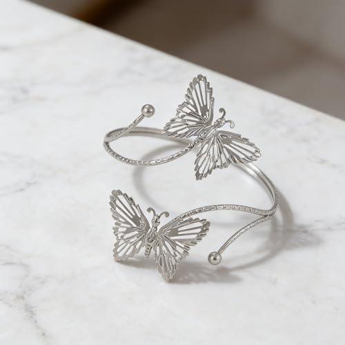 Upper Arm Cuff for Women, Simple Sexy Harness Armlet Bracelet with Crystal Adjustable Upper Arm Chain Bangle Arm Band for Women - color: Silver Butterfly