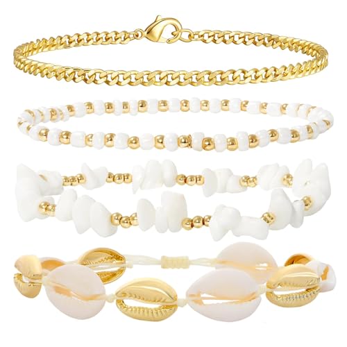 Beach Anklets for Women Boho Beaded Ankle Bracelets Set Adjustable Dainty Gold Anklets Stackable Hawaiian Vacation Beachy Pearl Seashell Starfish Conch Foot Jewelry - color: 4PCS Anklets