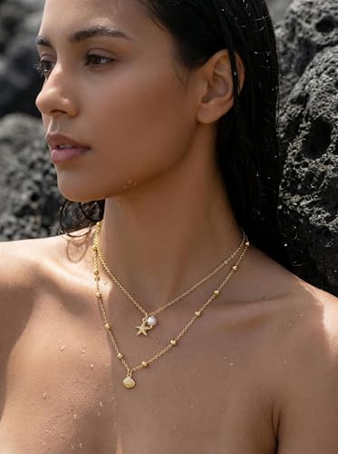 Seashell Starfish Necklace for Women Conch Shell Summer Pearl Beach 14k Gold Layered Dainty Choker - style: Big Starfish