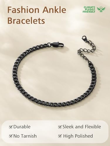FindChic Stainless Steel Ankle Bracelets for Women, Waterproof Figaro/Cuban/Box/Beaded Chain Anklets, Summer Beach Foot Jewelry, 8.5''-10.5'' Adjustable Length, with Gift Box - style: Cuban Chain-Black