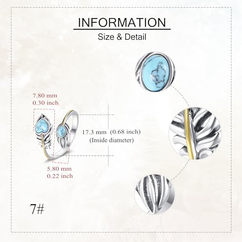 MONGAS Feather Ring 925 Sterling Silver Turquoise Ring Western Jewelry Christmas Gifts for Women
