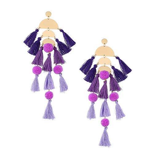 Long Tassel Earrings for Women Colorful Fringe Drop Dangle Earrings Bohemian Hawaiian Summer Beach Jewelry for Womens Vacation Outfits - color: Purple