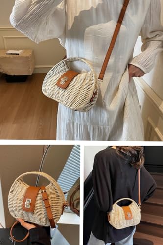Handmade Straw Woven Bag Beach Clutch Purses Women Vacation Shell Shoulder Crossbody Summer Dumpling Handbag Basket Tote - color: B-beige