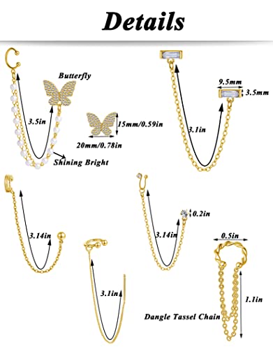Tornito 6-12Pcs Cuff Earring Chain Leaf Snowflake Star Butterfly with CZ Crawler Climber Earring Studs Drop Dangling Chain Wrap Tassel Earring for Women Men 20G Silver Gold Tone - color: E:Gold Tone