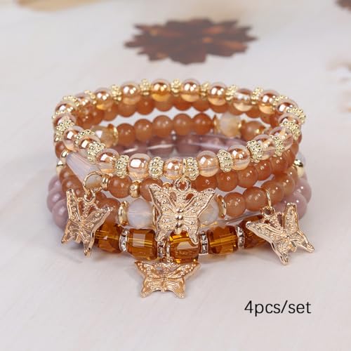 LOTSOF Boho Flower Beaded Bracelet Set for Women - Multilayer Crystal & Flower Charm Stackable Bracelets, Fashion Jewelry Gift for Her - color: Coffee Butterfly