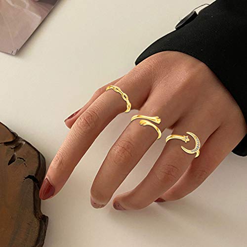 KOHOTA 12PCS Adjustable Knuckle Rings for Women 14K Gold Plated Silver Simple Stacking Rings Pack Open Knot Star Moon Butterfly Dainty Thumb Ring Set for Women - color: 3-Gold color