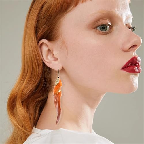 Bohemian Handmade Natural Long Feather Dangle Earrings for Women Multicolor Tassel Feathers Dangle Drop Earrings Vintage Bohemian Earrings Boho Feather Earrings - color: Orange