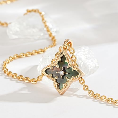 Fettero Gold Clover Necklace for Women Dainty 14K Gold Plated CZ Pendant Necklace Adjustable Chain Choker Charm Colorful Clover Pendant Lucky Necklaces for Women Jewelry - color: Black - mother of pearl