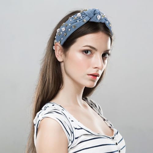 WantGor Pearl Knotted Headband, Women Rhinestone Embellished Hairband Elegant Wide Top Knot Bride Headbands Headpieces Party Fashion Elegant Ladies Hair Band Hair Hoop Accessories (Denim blue) - color: Denim blue
