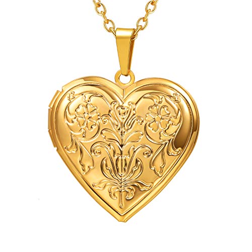 U7 Women Locket Necklace Platinum 14K Gold Photo Lockets that Hold Picture,Chain 20 Inch Personalized Gift Custom Love Heart Image Necklaces - color: 02# Gold*Flower Grain