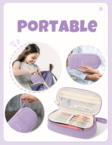SUNEE Cute Pencil Case, Large Pencil Pouch, Soft Corduroy Fabric Big Pencil Bag with Zipper, Kawaii Pen Bag Stationery Storage and Organizer, School Supplies for Teen, Student, Boys,Girls, Soft Purple - color: Soft Purple