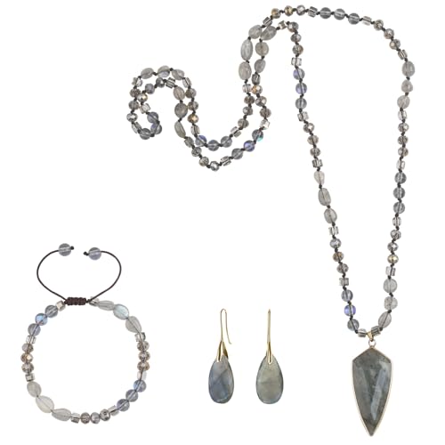 Boho Jewelry Sets for Women | 3 Pcs Natural Amethyst Labradorite Rose Quartz Beaded Long Necklace Wrap Bracelet Dangle Earrings Handmade Vintage - color: Labradorite