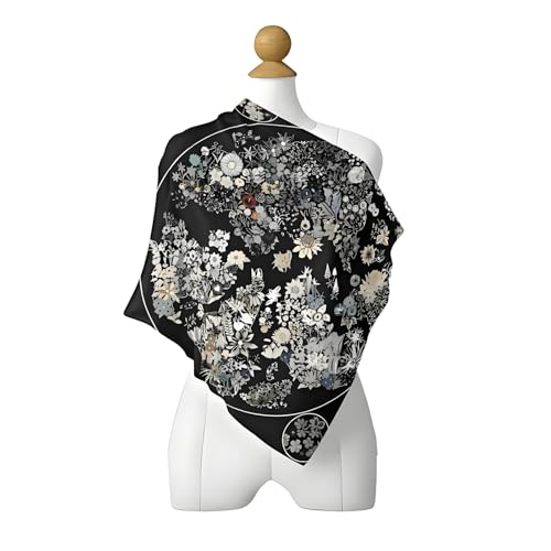 Premium Floral Scarf for Women 35x35 Square Silk Feel-Lightweight Scarves Headscarf Bandanas Wrapping Handbag - color: Botanical Mandala (Black/Monochrome)