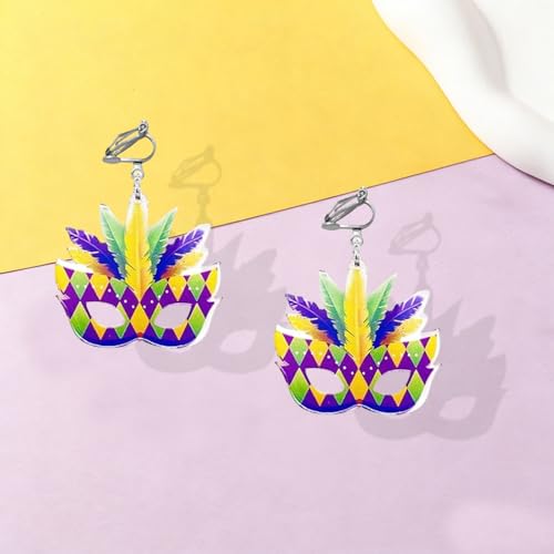 Mardi Gras Clip on Earrings for Women Boho Acrylic Parade Lette Mardi Gras Carnival Clip on Earrings Holiday Festival Jewelry Gifts Accessory - color: mask