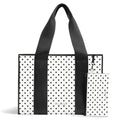 FLAUNT Everyday Tote Bag with Phone Pouch for Women - Lightweight, Airline Approved, Easy To Carry, Foldable & Washable - color: White Polka Dot