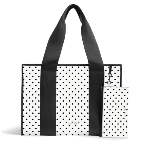 FLAUNT Everyday Tote Bag with Phone Pouch for Women - Lightweight, Airline Approved, Easy To Carry, Foldable & Washable - color: White Polka Dot