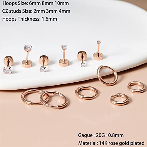 Dainty 6 Pairs Surgical Steel Earrings Sets for Multiple Piercing, Lightweight 14K Gold Plated Small Huggie Hoop Earrings, Flat Back Tiny Ball CZ Stud Earrings for Cartilage, Helix, Lobe, Hypoallergenic - style: Rose Gold- Huggie Hoops and CZ Studs