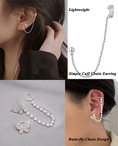 Tornito 6-12Pcs Cuff Earring Chain Leaf Snowflake Star Butterfly with CZ Crawler Climber Earring Studs Drop Dangling Chain Wrap Tassel Earring for Women Men 20G Silver Gold Tone - color: D: Silver Tone