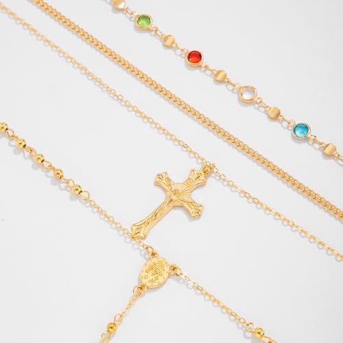 4PCS Layered Gold Cross Necklaces for Women Multi Strand Colorful Rosary Necklace Set Trendy Bohemian Bead Pearl Y Long Pendant Necklace Adjustable Gold Stack Necklace Jewelry Accessory