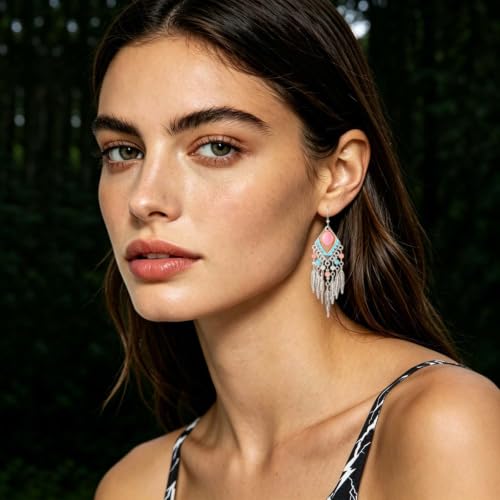 Boho Turquoise Drop Earrings Retro Long Copper Feather Tasse Metal Leaf Dangle Earrings Vintage Country Western Jewelry Cowgirl Ethnic Style Geometric Concert Festival Accessories for Women - color: Pink