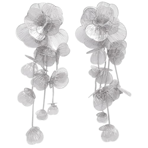 Gold Silver Filigree Floral Dangle Earrings for Women, Long Drop Statement Earrings for Vintage Wedding Jewelry - style: Silver Long Floral Earrings