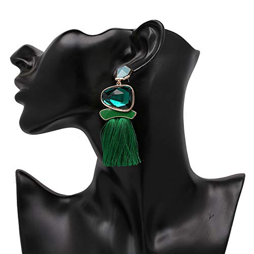 Vintage Long Tassel Drop Dangle Earrings Rhinestone Water Heart Leaf Shaped Boho Statement National Ethnic for Women Multicolor Boho Jewelry - color: Green