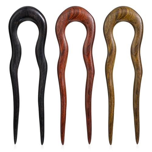 3 Pack Wooden Hair Sticks for Women, U Shaped Hair Fork, French U Shaped Hairpin with Two Prongs Hair Clips, U Shape Hair Forks for Long Hair, Frosted French Hair Pin, Vintage Matte Hair Pins - color: 3 Pcs