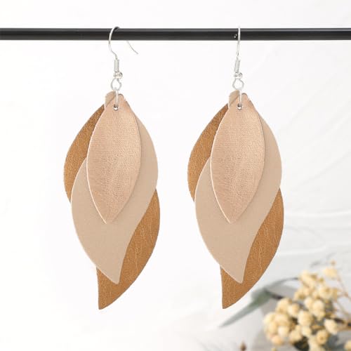 ANXIN boho unique Leather Earrings 2 Layered Lightweight Faux Leather Leaf Earrings Layered Design Drop Earrings Gift for Women - color: Style D