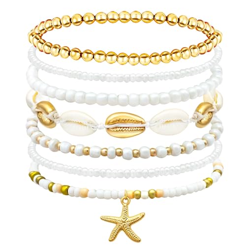 Shell Summer Beach Bracelets for Women Seashell Bracelets Boho Layered Beaded Bracelets Set Starfish Bracelets Handmade Stretch Bracelets Summer Beach Jewelry Accessories Gifts