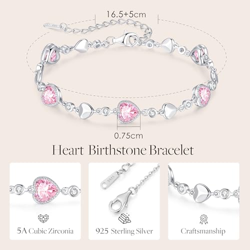 925 Sterling Silver Birthstone Heart Bracelet Jewelry Gift for Women | Rose Gold Plated Bracelets,Hypoallergenic,Adjustable Chain Personalized Anniversary Christmas Jewelry Gift for Mom Wife - color: Sterling Silver-10-Oct