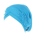 Women Beaded Silky Beanie, Pre-Tied Turban Head Wrap Cap for Chemo Chemical Cancer Hair Loss Cover Hat - color: Lake Blue