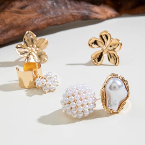 Chunky Gold Rings for Women Non Tarnish Statement Flower Ring Baroque Pearl Stackable Rings Set 6Pcs Chunky Jewelry - color: Gold 6