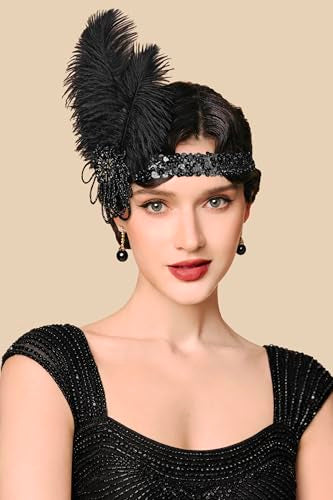 BABEYOND 1920s Feather Flapper Headband - Vintage Sequin Headpiece for Gatsby Party Roaring 20s Costume Accessories - color: Black
