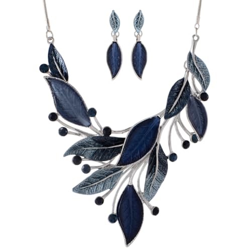 Vintage Chunky Statement Jewelry Set Retro Leaf Floral Geometric Bohemian Boho Bib Necklace Earring Set Fashion Costume Jewelry for Women Girls Wedding Party Prom Unique Gift - style: spring leaf-blue grey silver