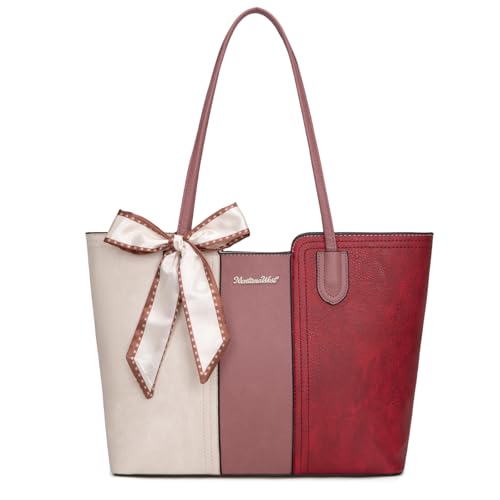 Montana West Tote Bags for Women Top Handle Satchel Purses - color: Beige With Red