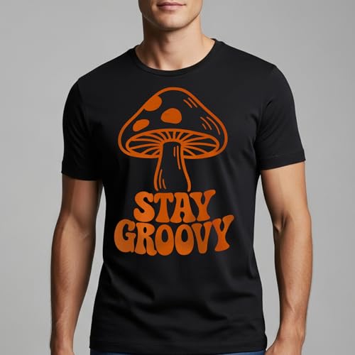 Stay Groovy Mushrooms T-Shirt– Retro Aesthetic Apparel – 100% Cotton Unisex Tee - color: Black, size: 3X-Large