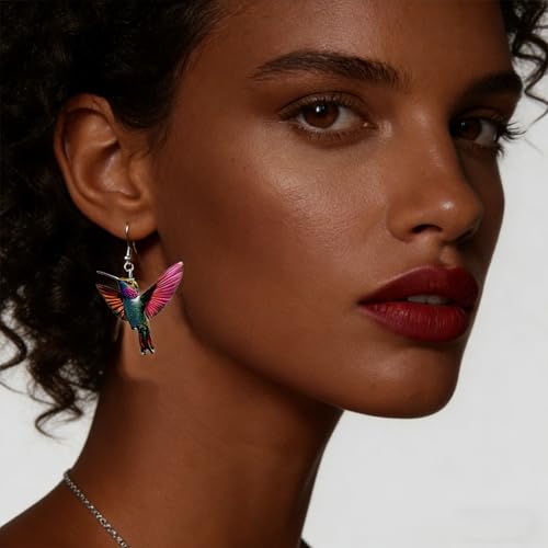 Hummingbird Necklace Earrings Set for Women Cute Colorful 2D Bird Pendant Necklace Acrylic Hypoallergenic Dangle Earrings Trendy Jewelry for Bird Lovers - color: Red