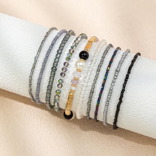 Caiyao Bohemian Multilayer Stackable Seed Beaded Bracelets Colorful Crystal Glass Beads Strand Bangle Bracelet BFF Wristbands Bracelet for Women Summer Beach Hawaii Jewelry Birthday Gifts - color: Gray