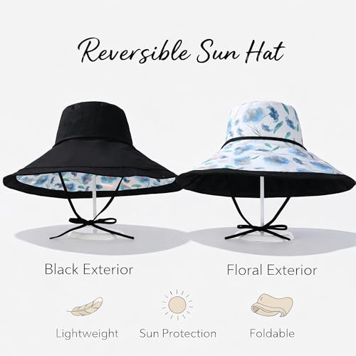 Wide Brim Sun Hat for Women Reversible Beach Hats Metal Wired Edge Gardening Hats, UPF 50+ Bucket Summer Hat - color: Black