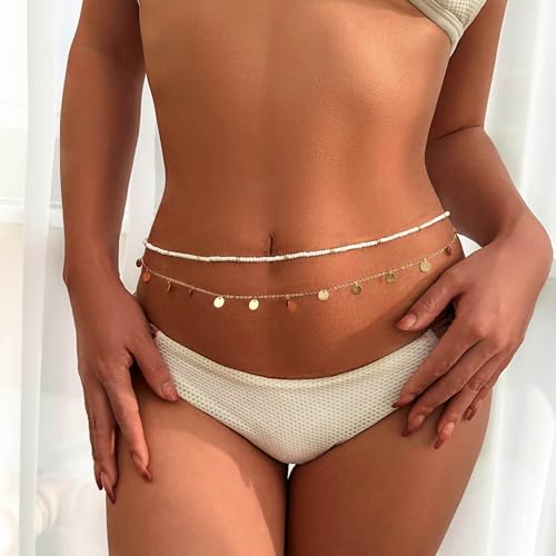 Body Chain Gold Waist Chains for Women Belly Layered Beach Waist Chains Adjustable Sexy Bikini Boho Chain - style: beads round