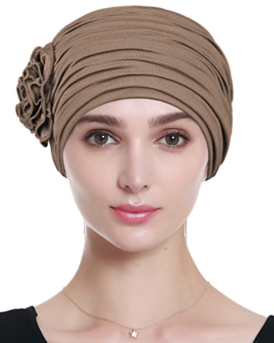 Alnorm Flower Design Chemo Hair Loss Caps Cancer Headwear for Women - color: Khaki