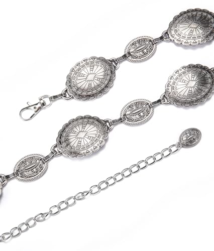 Dubulle Womens Belt Chain Leather Belts Vintage Western Adjustable Elastic Double Buckle for Cowboy Pant Dress - color: W Silver Grey